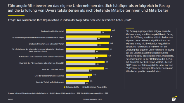 Vielfalt, Gleichberechtigung und Inklusion am Arbeitsplatz - Einschätzungen bezüglich Vielfalt, Gleichberechtigung und Inklusion klaffen auseinander - Quelle: EY
